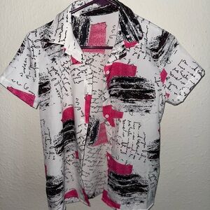 SHEIN White Button Down Shirt with Pink and Black Print